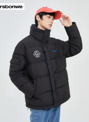 metersbonwe羽绒服男士2022冬季新款撞色印花夹克潮流休闲开衫简约